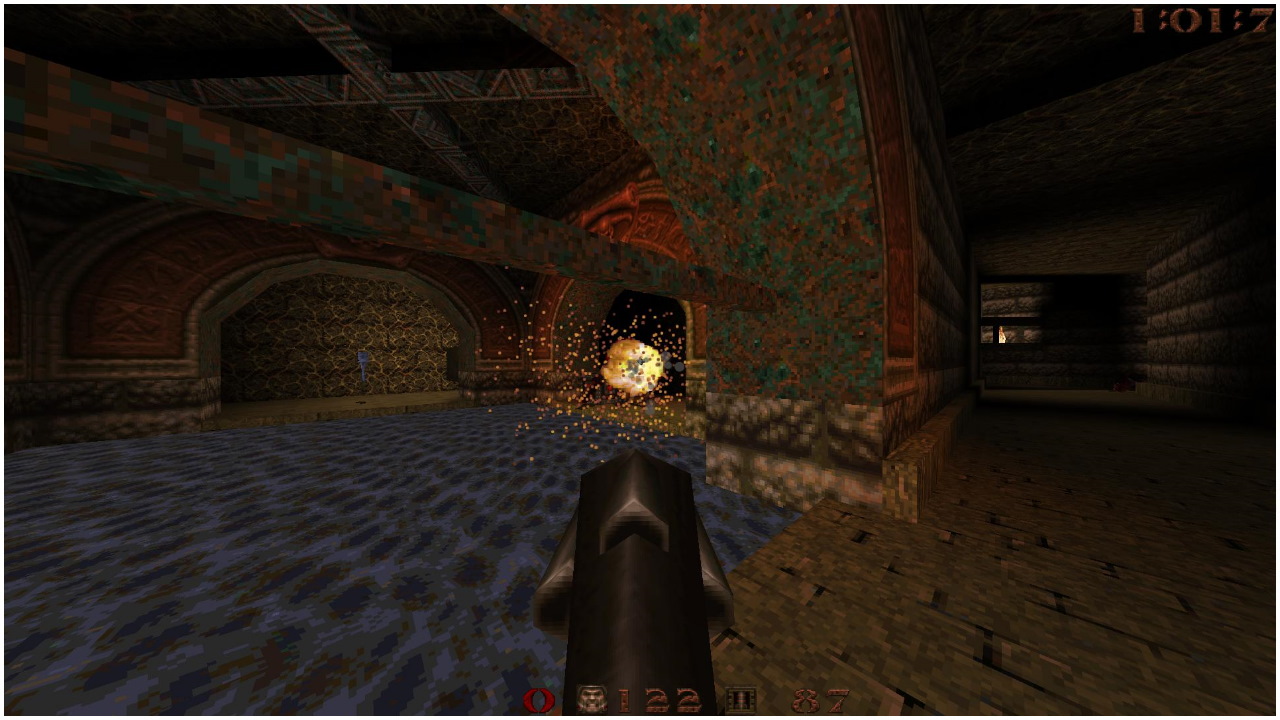 A player attacking a vore with a rocket launcher, showing off the new coloured explosive lighting effects in JoeQuake.